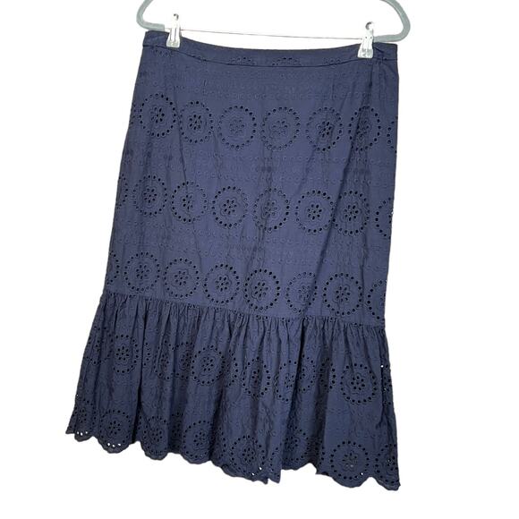 Boden Embroidered Knee Length Skirt 100% Cotton Navy Blue Sz 10 Zip Back Closure - Picture 2 of 7